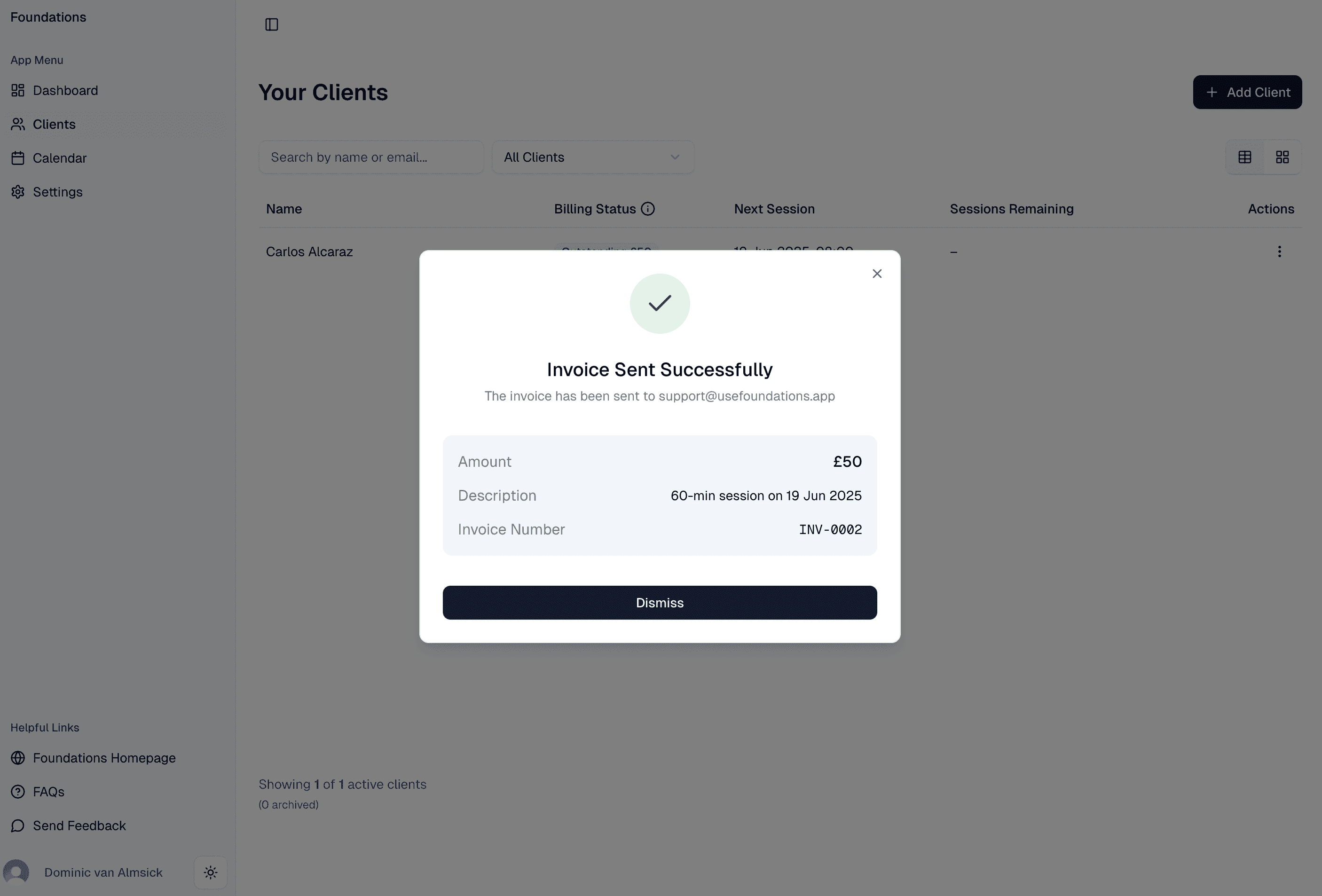 Invoice sent successfully