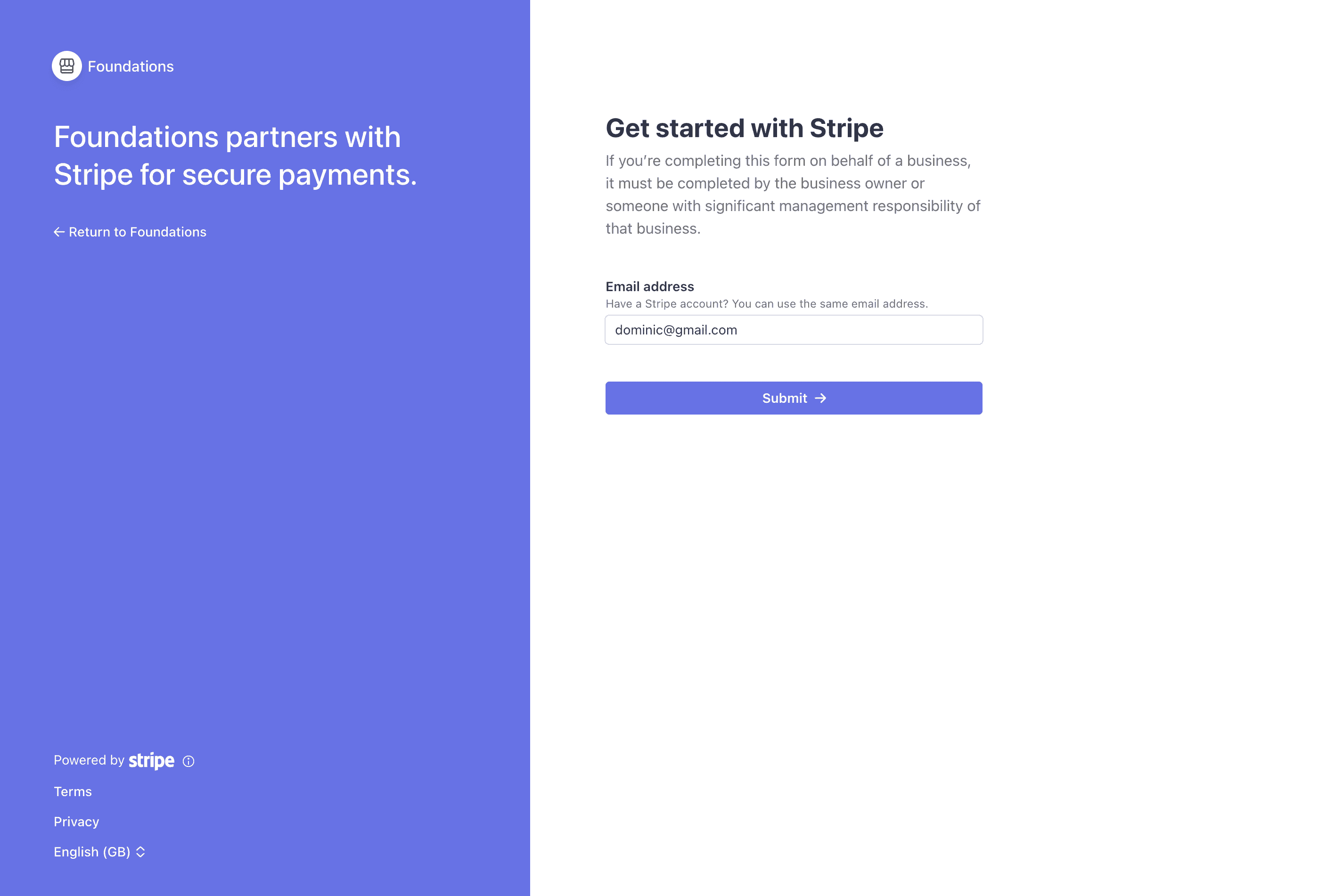 Stripe onboarding page