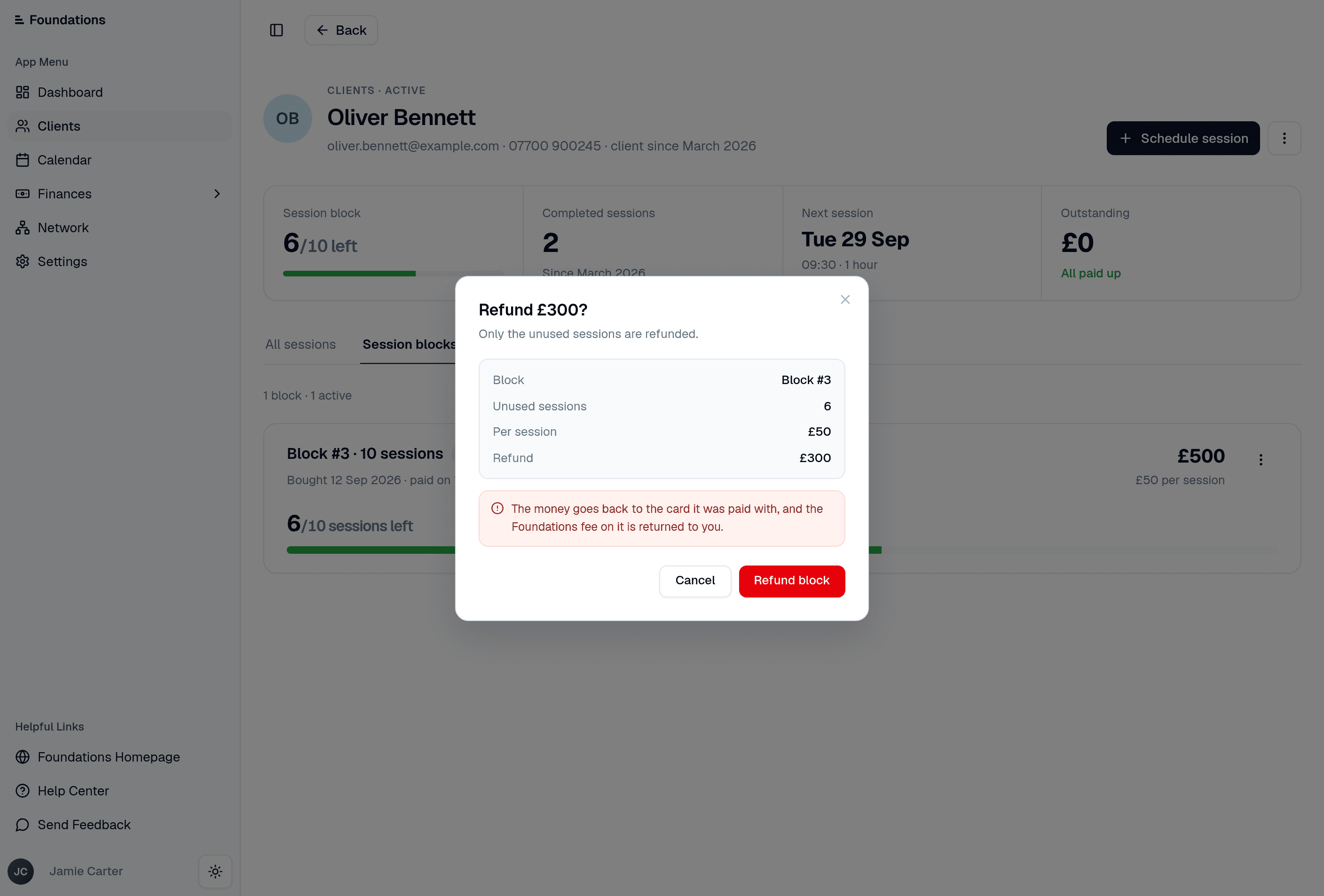 Block refund dialog