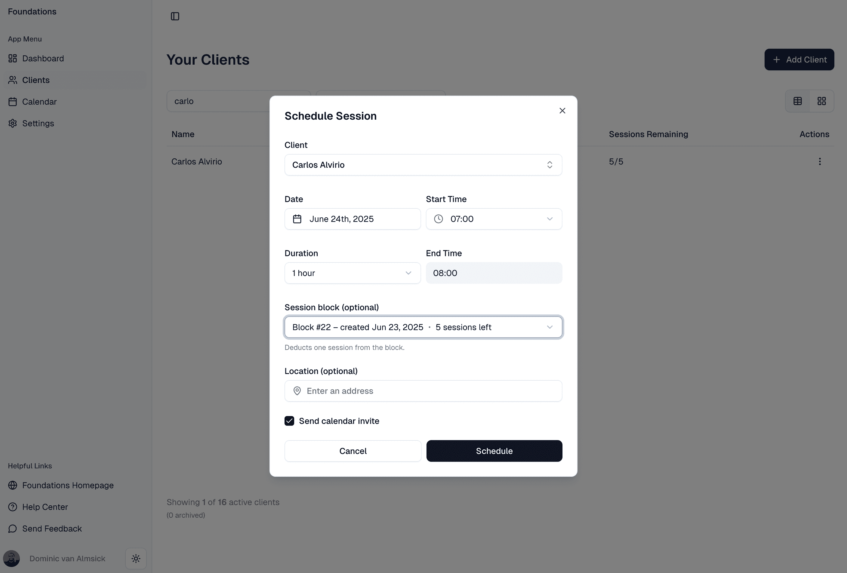 Schedule session block session