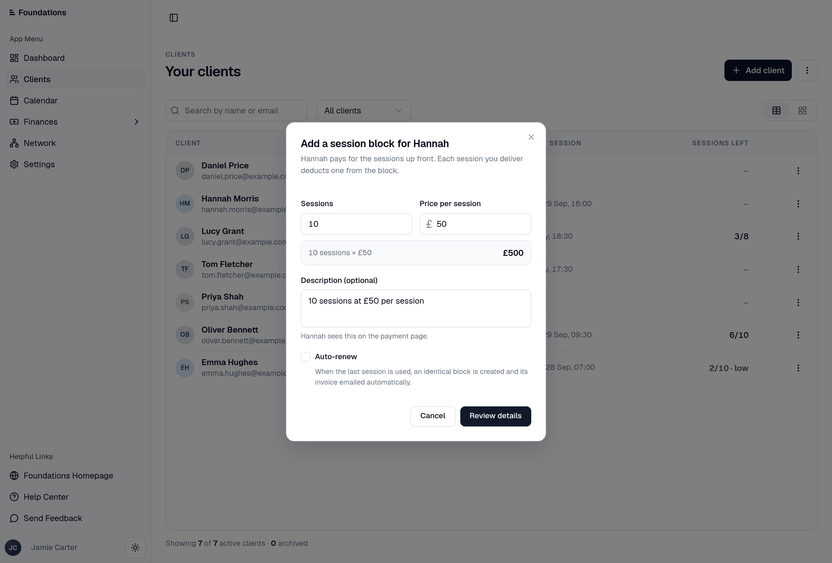 Session block form